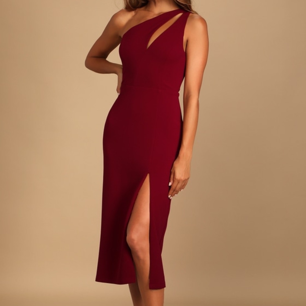 Lulus Cocktail Club Burgundy One-shoulder Midi Dress Red - Size S